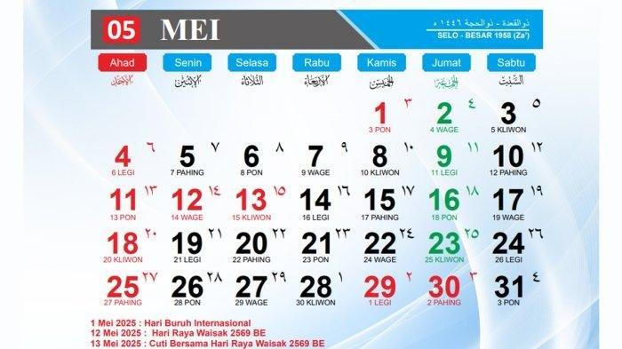 Kalender Mei 2025, Lengkap Daftar Hari Libur dan Cuti Bersama Sepanjang Bulan, Rencanakan Liburan Anda